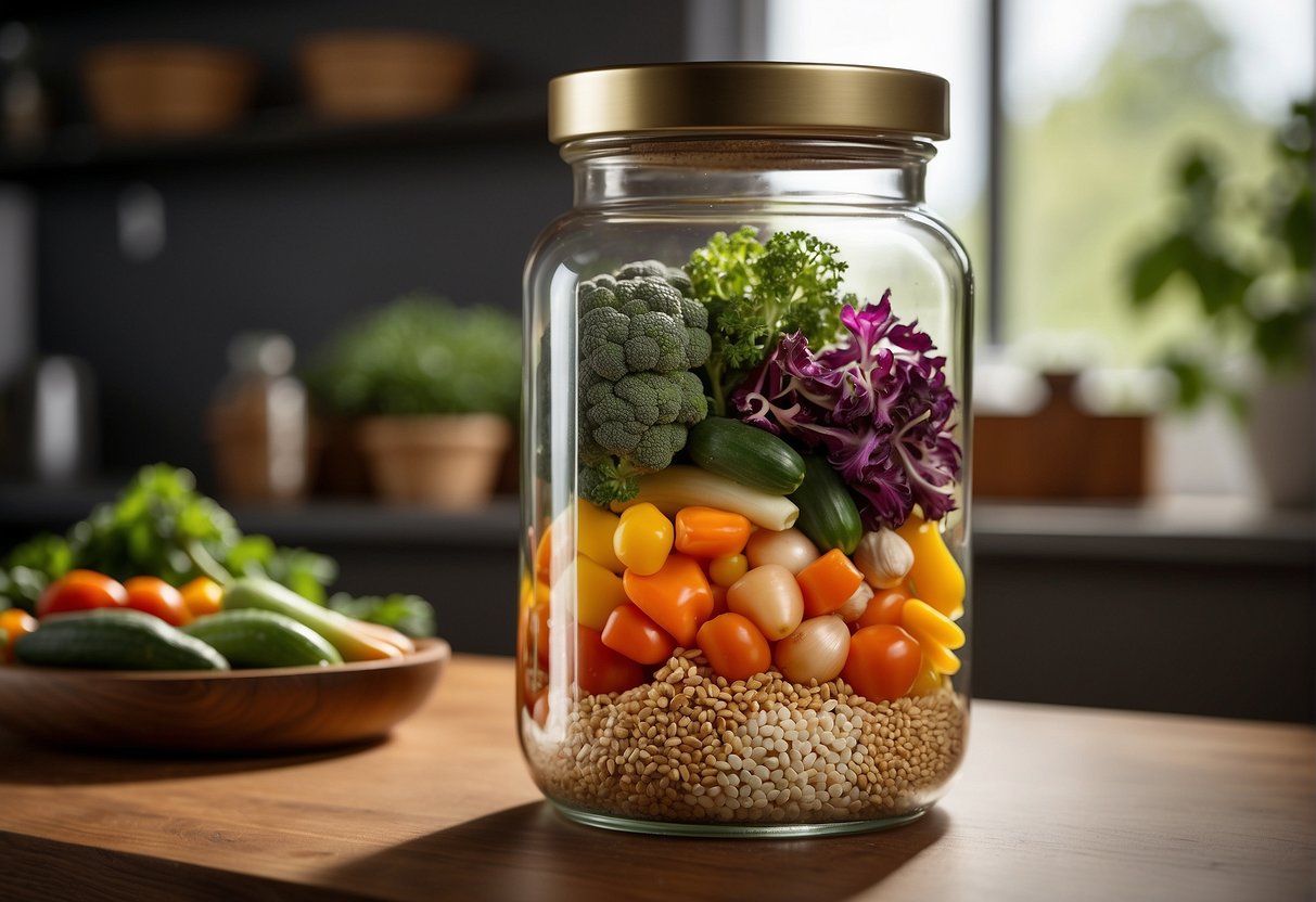 A clear glass jar filled with colorful vegetables, herbs, and grains, representing a variety of ingredients for a candida diet recipe
