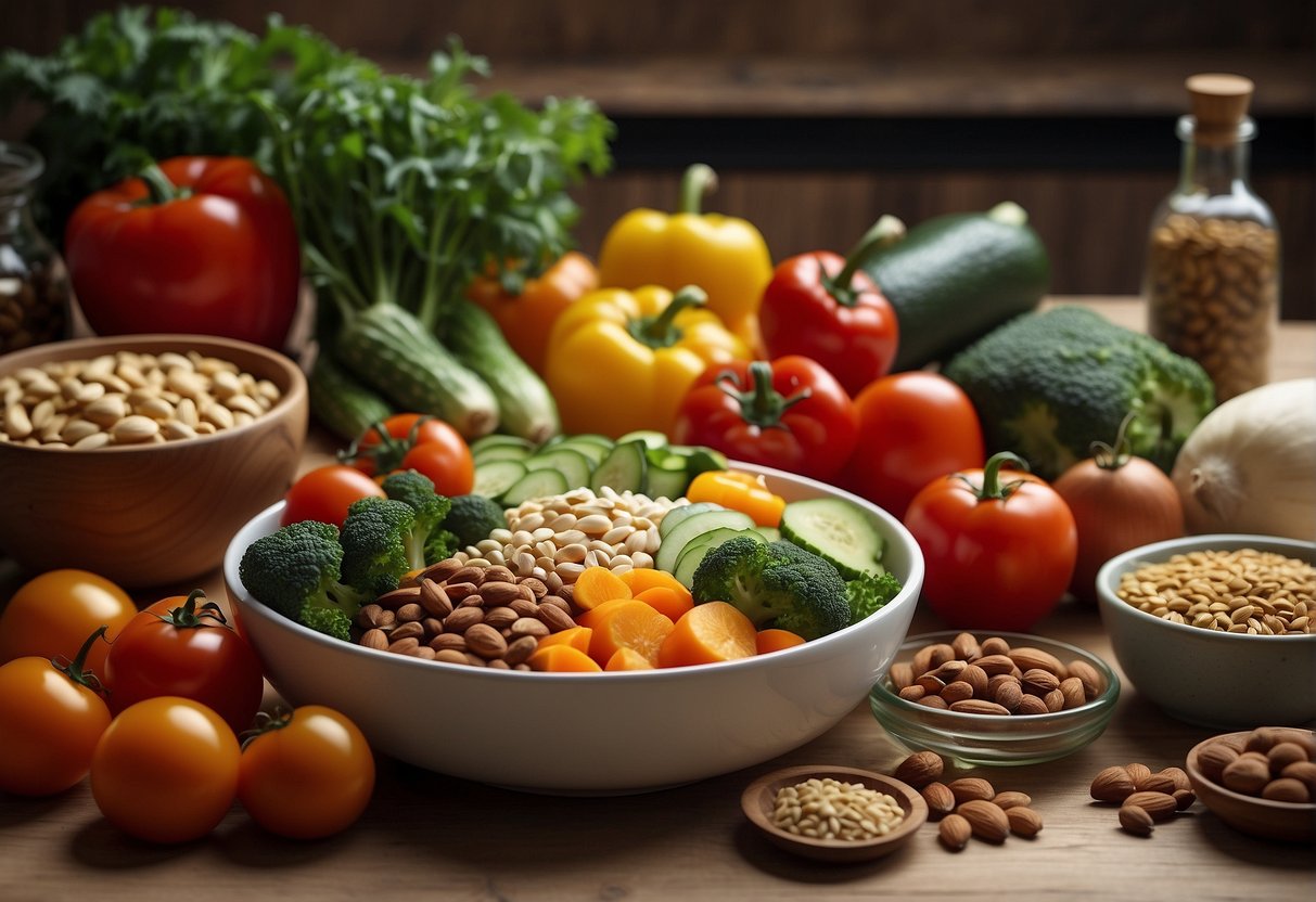 A table set with a variety of fresh vegetables, nuts, seeds, and lean protein. A cookbook open to a page of Candida diet recipes
