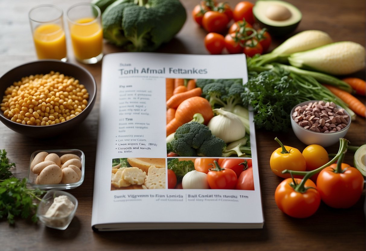 A table set with fresh vegetables, lean proteins, and healthy fats. A meal planner and recipe book sit nearby, showcasing a variety of candida-friendly dishes