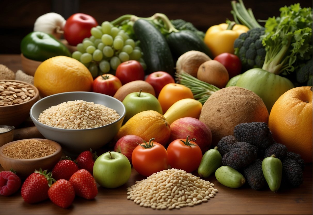 A colorful array of fresh fruits, vegetables, and whole grains are arranged on a kitchen counter, alongside recipe books and cooking utensils, symbolizing a commitment to a candida diet and healthy lifestyle changes