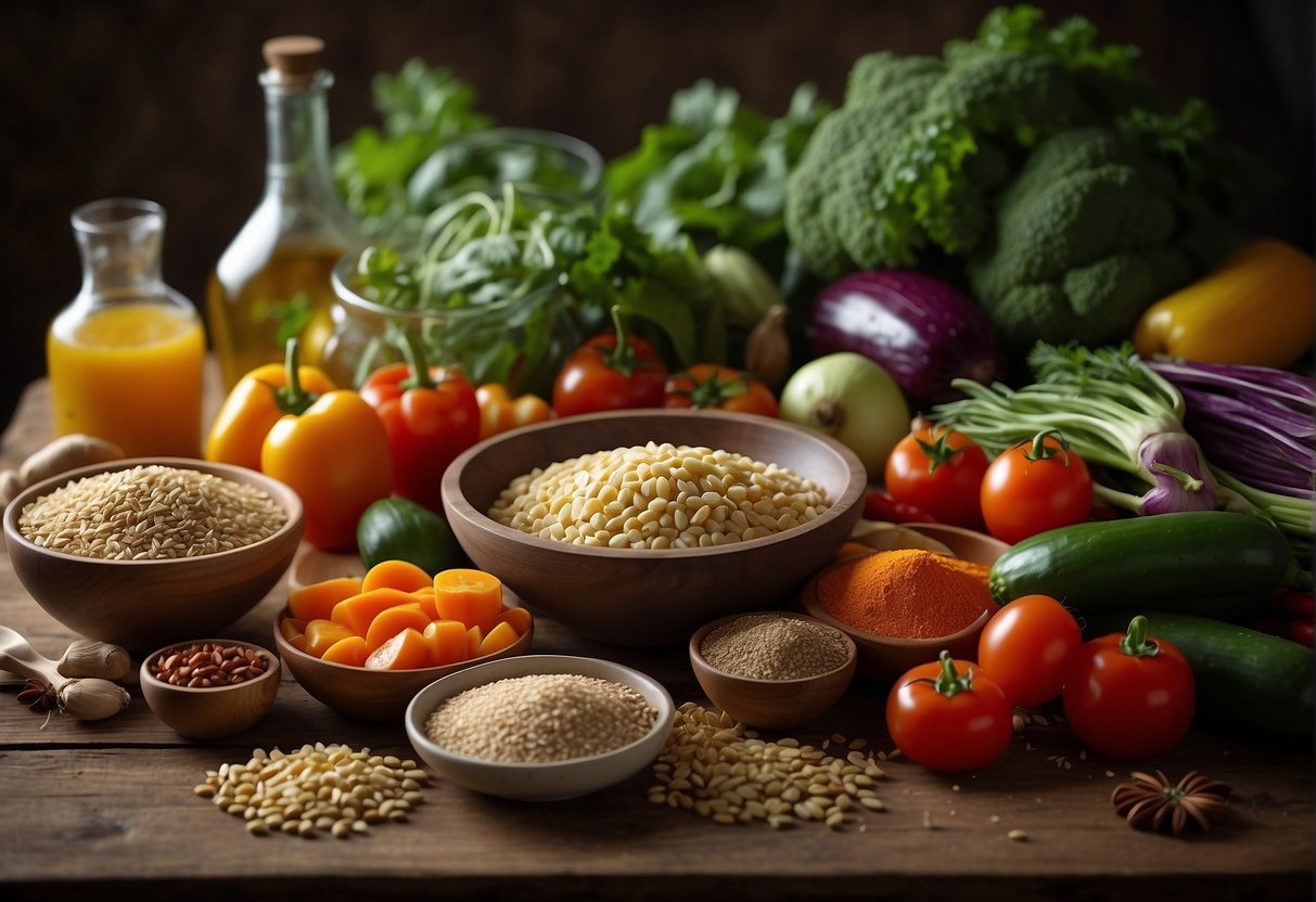 A table filled with colorful, fresh vegetables, lean proteins, and healthy grains. A variety of herbs and spices scattered around, with a cookbook open to candida-friendly recipes
