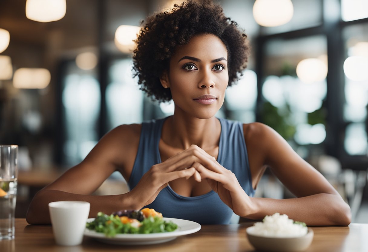 A woman following intermittent fasting, facing common challenges and finding solutions. Focus on her determination and discipline