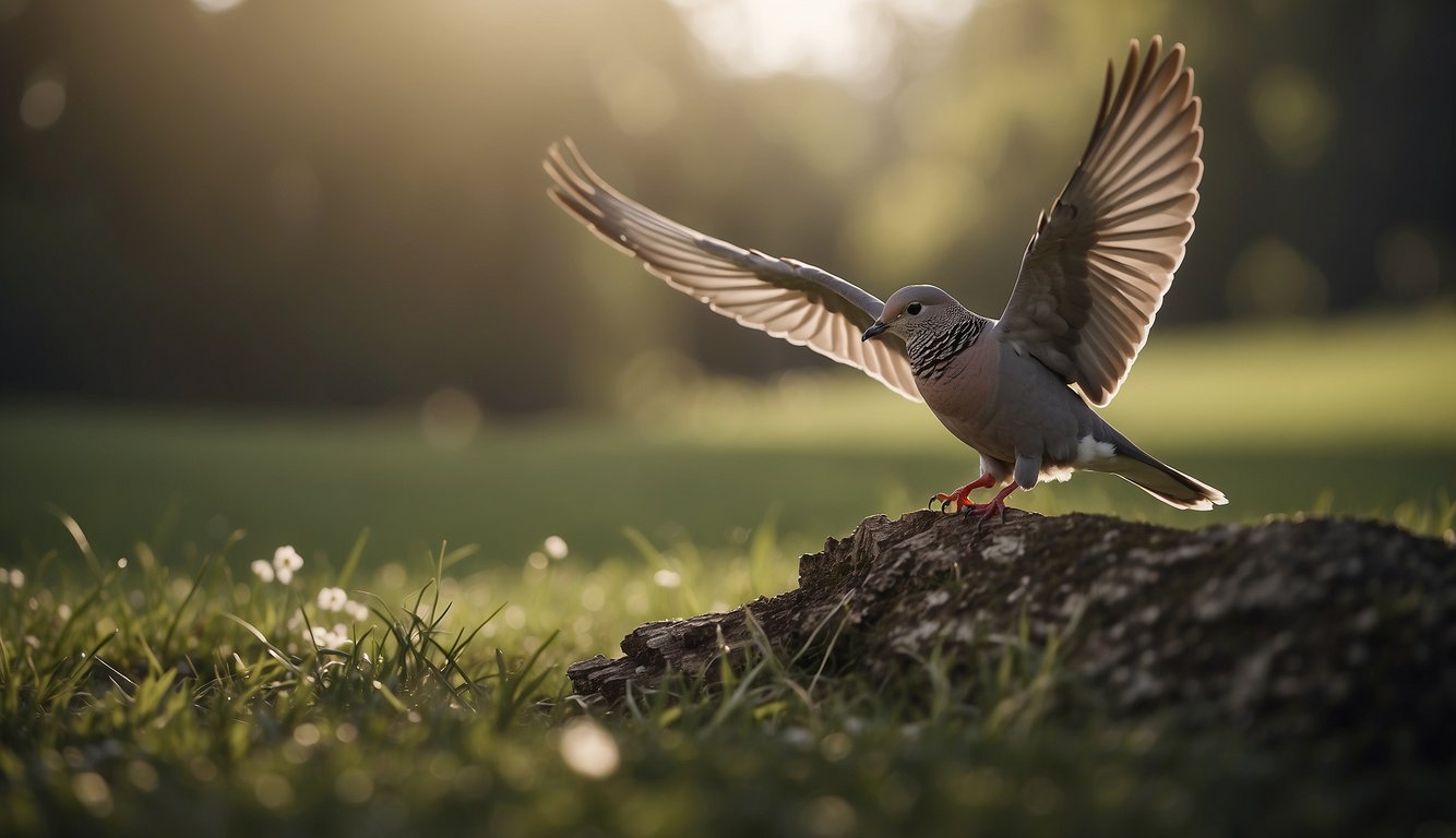 A peaceful dove flies over a serene landscape, while a sword lays abandoned in the grass, symbolizing Christian perspectives on war and peace