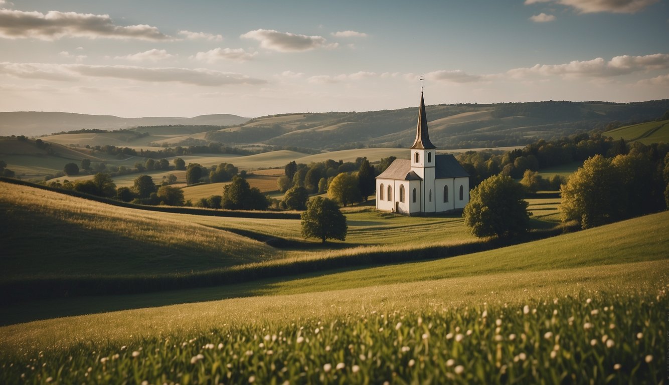 A peaceful countryside with a church in the background, surrounded by rolling hills and a serene atmosphere