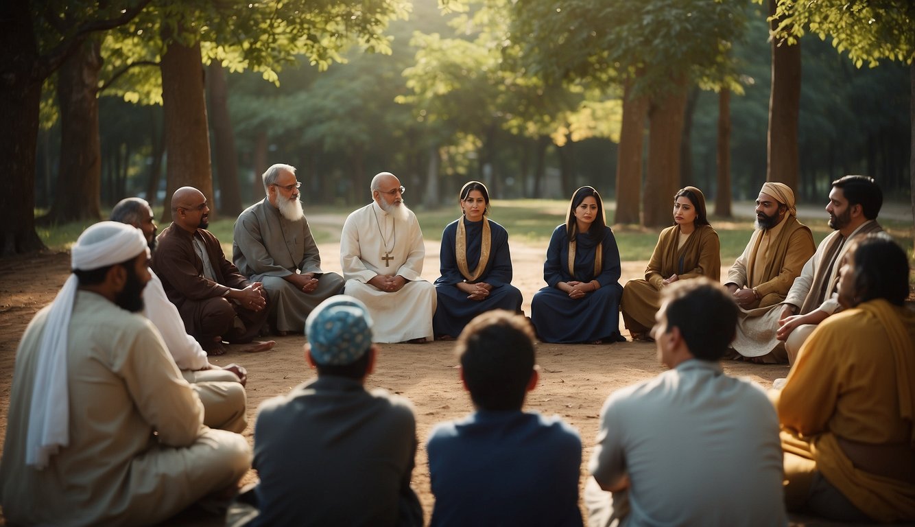 A group of people from different religious backgrounds engage in a peaceful dialogue, symbolizing unity and understanding in the midst of social and political tensions