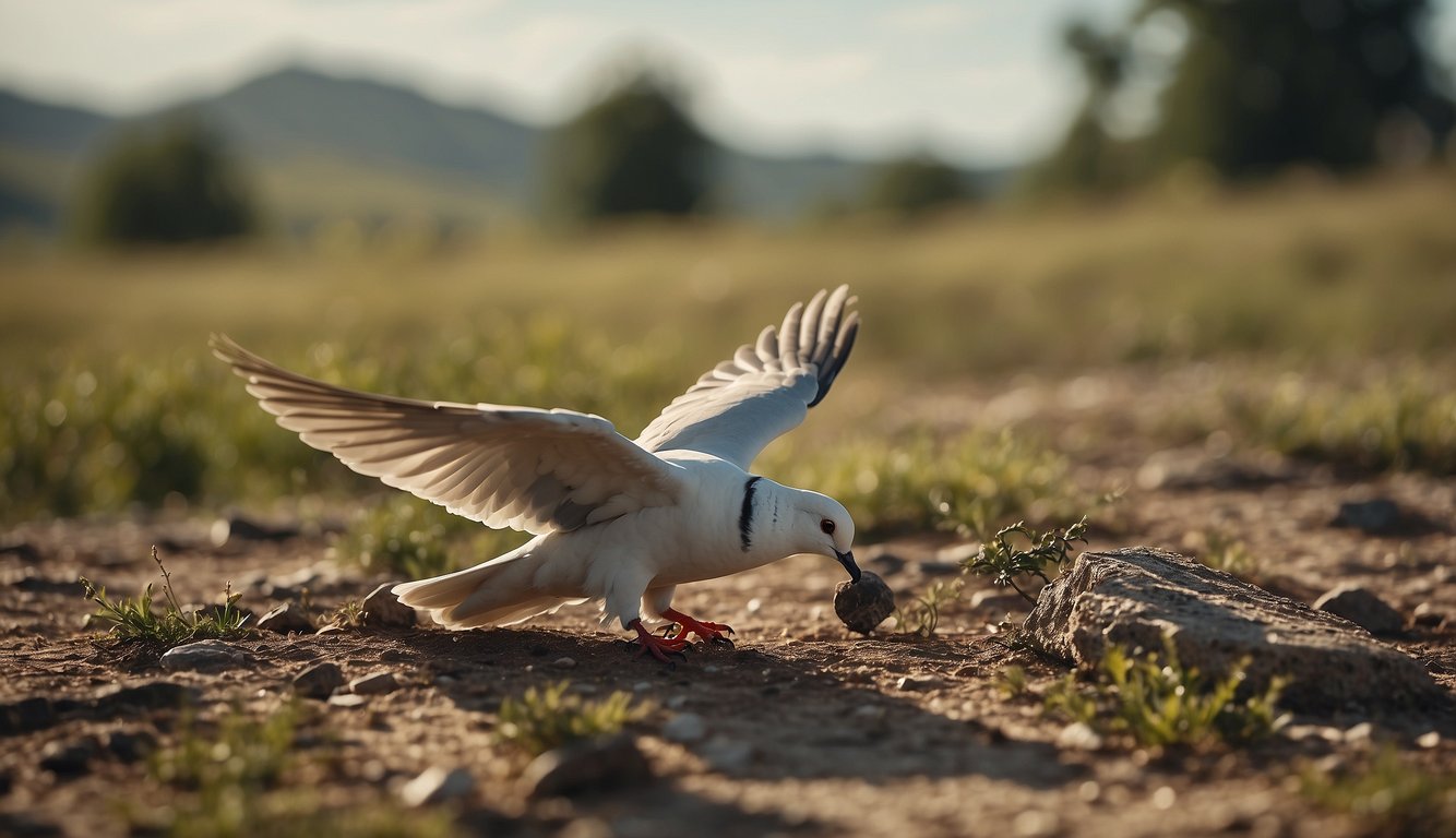 A dove flies over a peaceful landscape, while a broken sword lies discarded on the ground