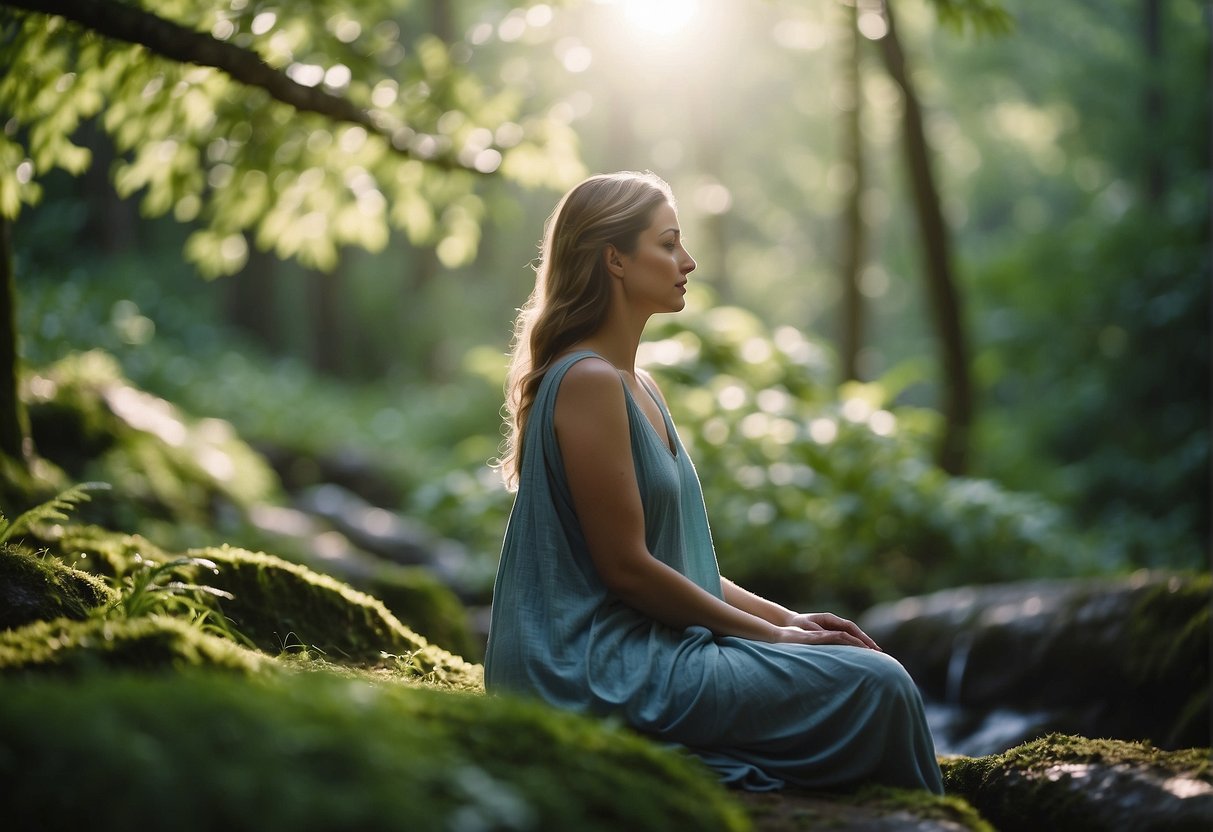 A serene figure sits in a lush, peaceful forest, surrounded by vibrant greenery and gently flowing streams. The air is filled with a sense of calm and tranquility, as the figure practices deep, intentional breathwork