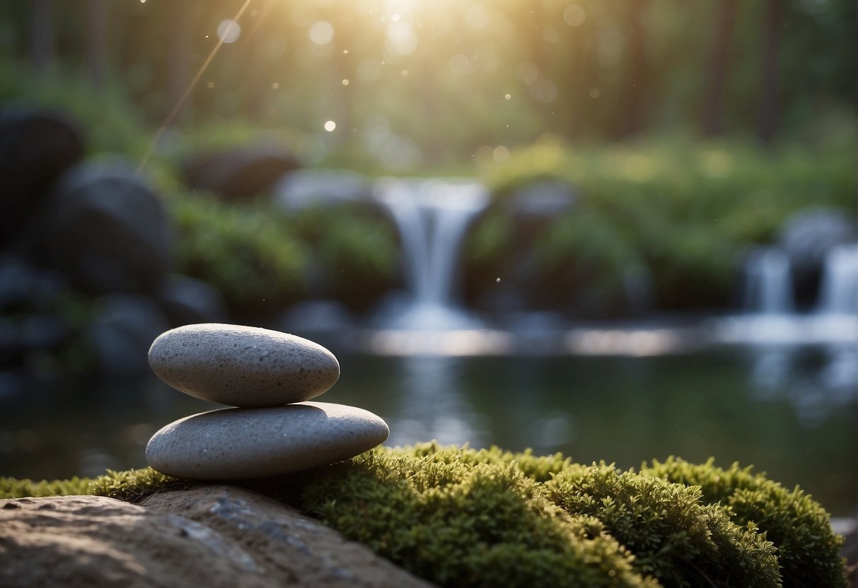 A serene setting with flowing lines and calming colors, representing the practice of breathwork training. A peaceful atmosphere with gentle movement and a sense of inner peace