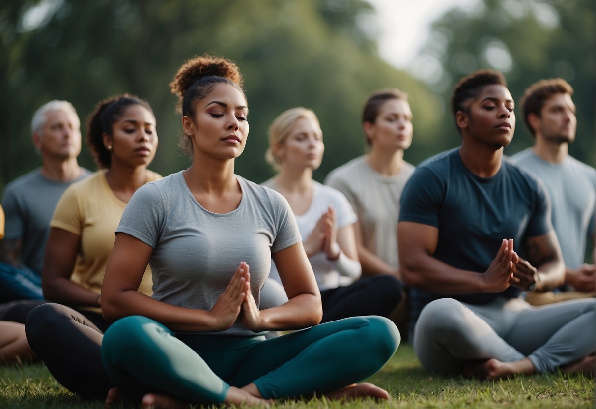Participants sitting in a circle, eyes closed, practicing deep breathing techniques. A serene atmosphere with soft lighting and calming music