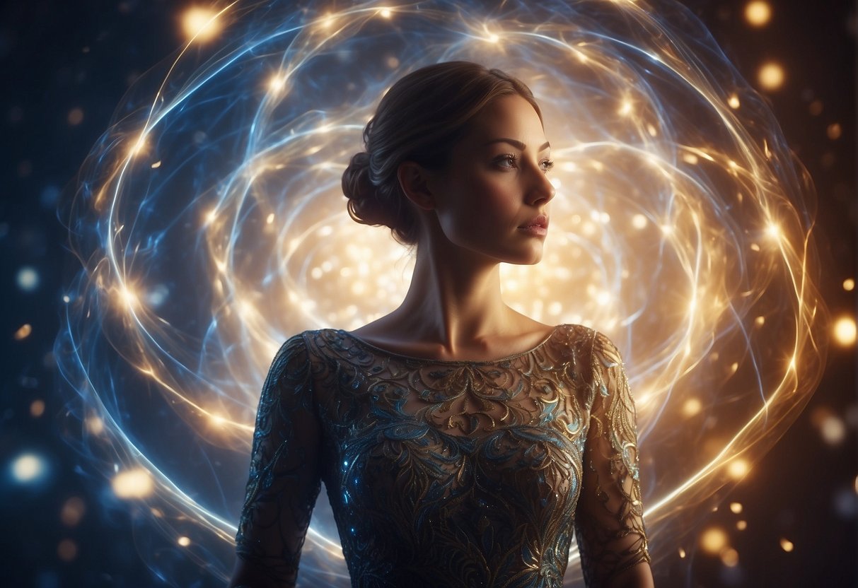 A serene figure surrounded by swirling patterns of energy and light, focusing on deep, rhythmic breaths