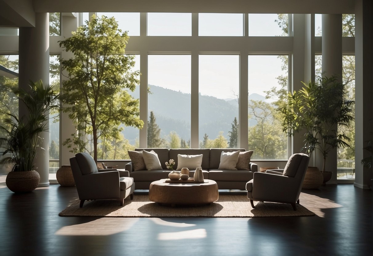 A serene setting with soft natural lighting, a comfortable seating area, and a tranquil atmosphere for breathwork training