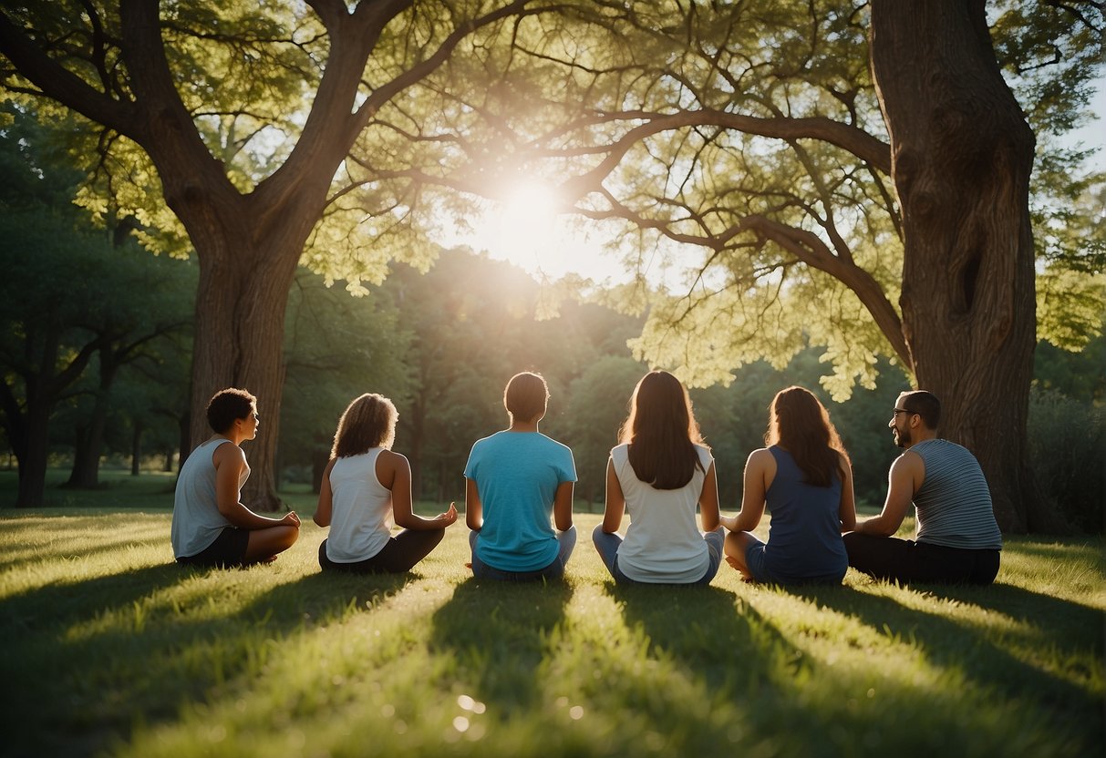 A diverse group of people gather in a circle, engaging in deep breathing exercises. The setting is a serene natural environment, with trees and a clear blue sky, creating a sense of peace and connection