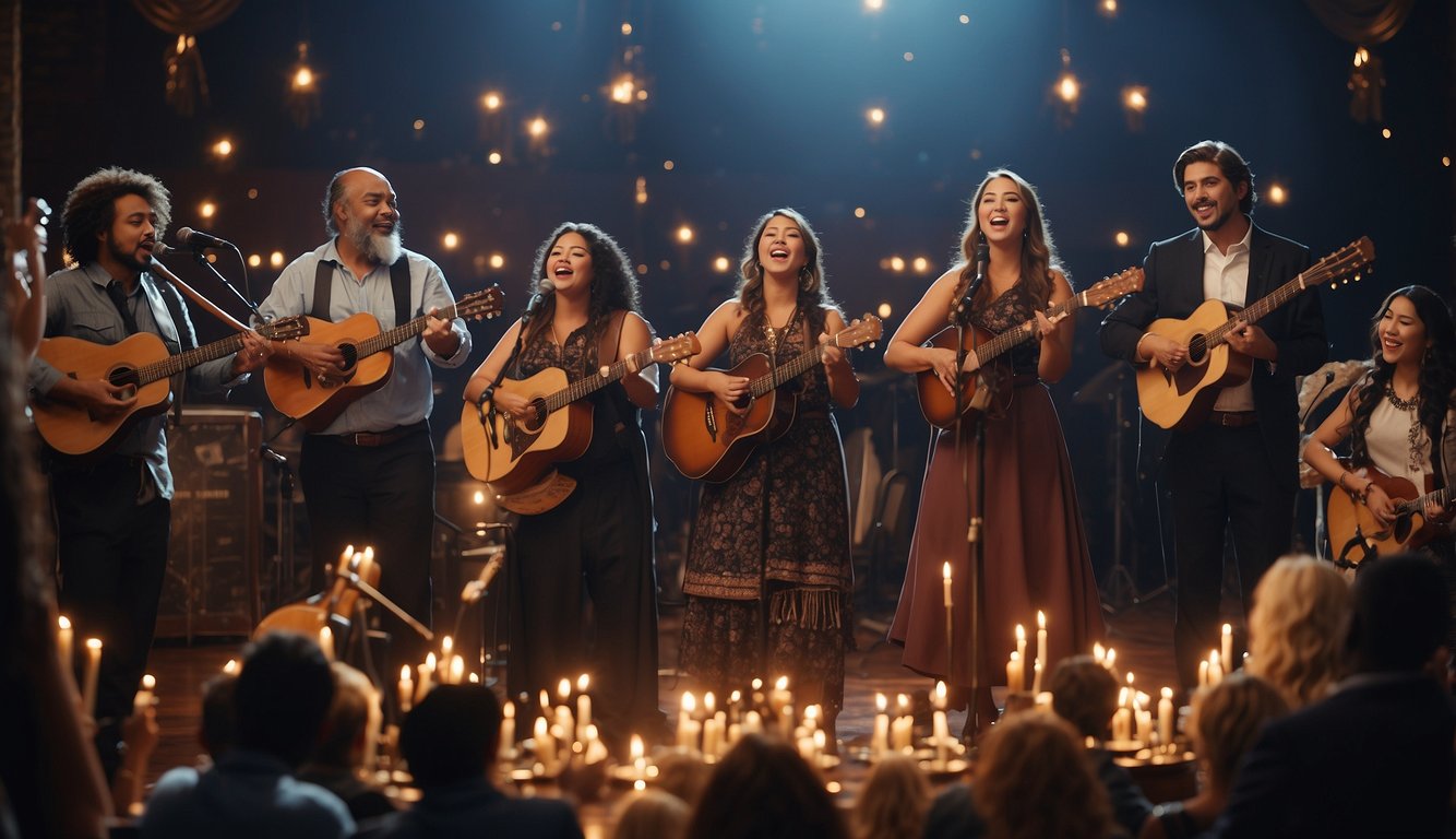 A group of diverse people singing and playing musical instruments, surrounded by symbols of Christianity and various cultural elements