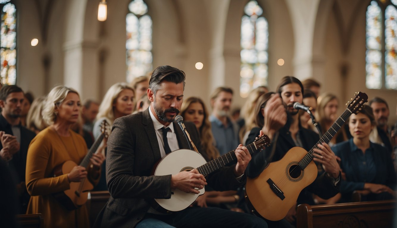 A group of people gathered in a church, singing hymns and playing musical instruments, with a sense of reverence and devotion in the air