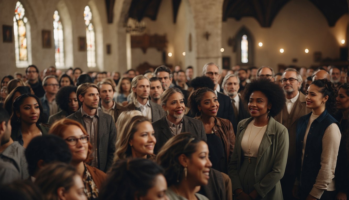 A diverse group of people gather in a church, showcasing the evolution of Christian music through different time periods and cultural influences