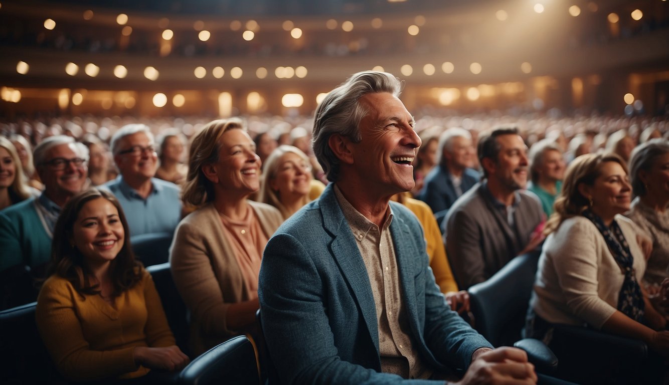 A crowd of diverse people, young and old, gather in a vibrant concert hall, singing along to uplifting Christian music. The music's cultural influence is evident in the joy and unity it brings to the audience