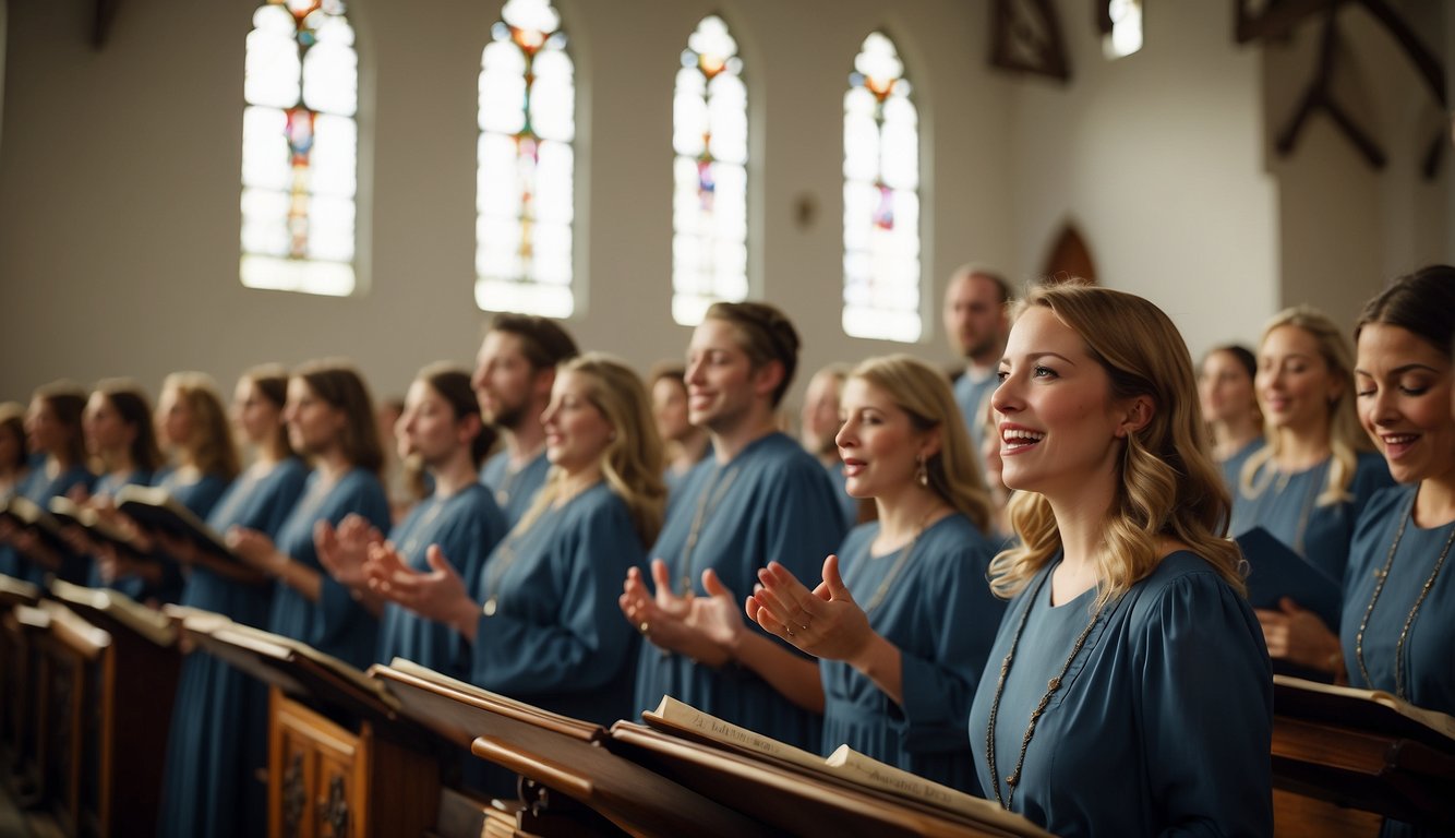 A church choir sings hymns as worshippers raise their voices in praise. Instruments accompany the music, filling the space with harmonious melodies