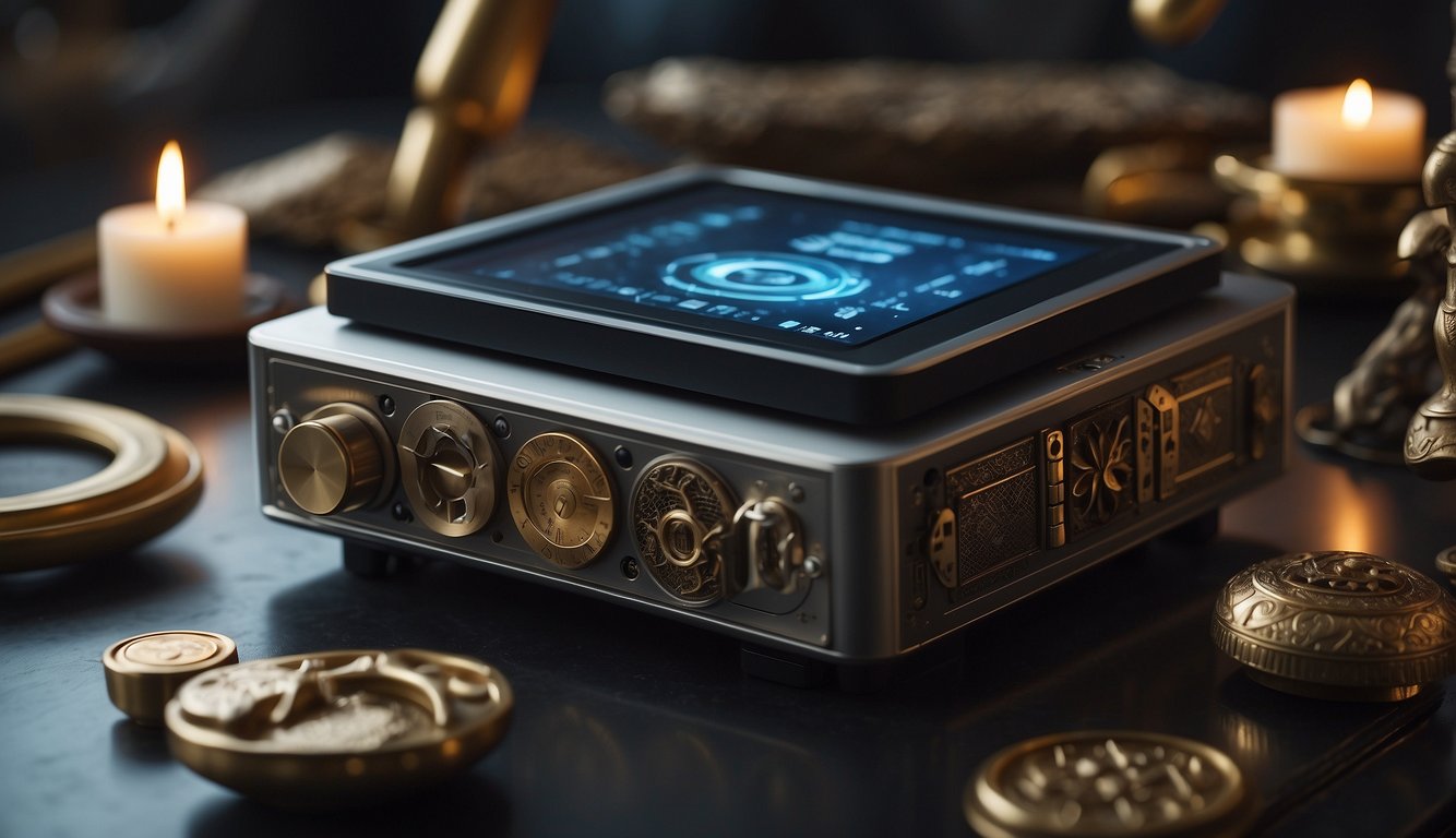 A futuristic music player surrounded by ancient religious symbols, representing the blending of technology and tradition in Christian music