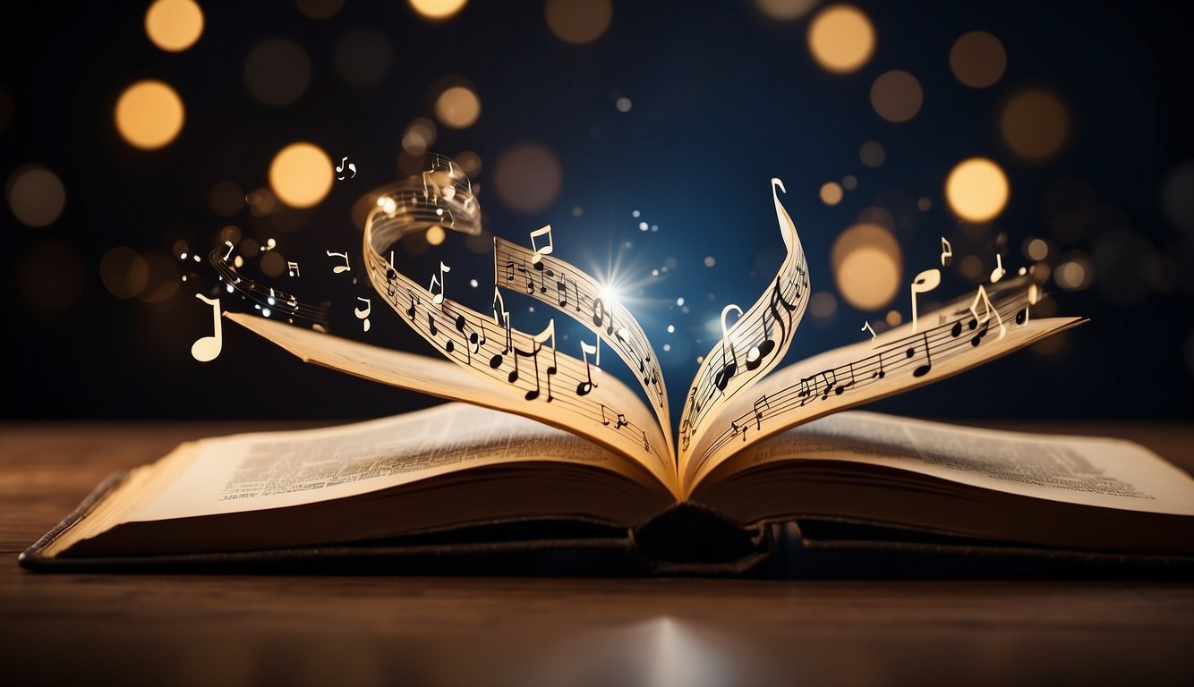 A spotlight shines on a musical note emerging from an open book, surrounded by symbols of different musical genres and cultural influences