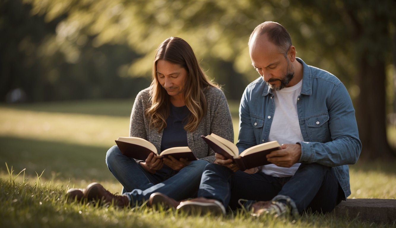 A couple sits together, reading the Bible and praying. They communicate openly and respect each other's boundaries. They seek guidance from their church community