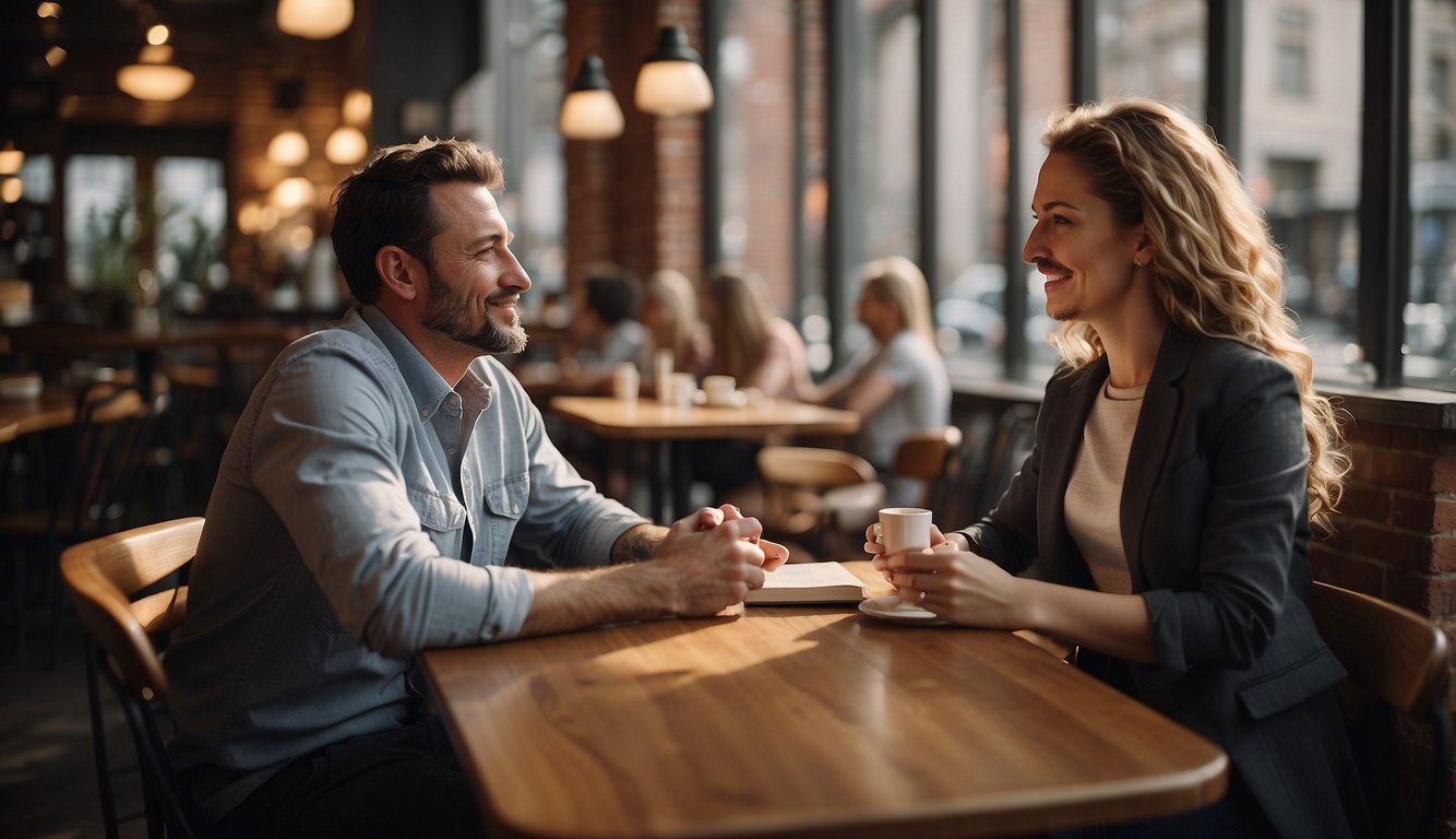 A couple sits at a cafe, deep in conversation. Bibles and notebooks are scattered on the table, as they discuss navigating Christian dating and relationships