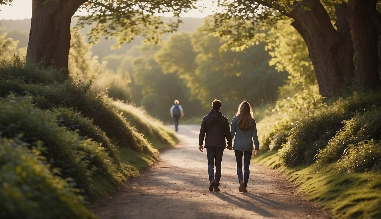 Two people walking side by side, facing a winding path with obstacles. They are holding hands and supporting each other as they navigate the challenges together