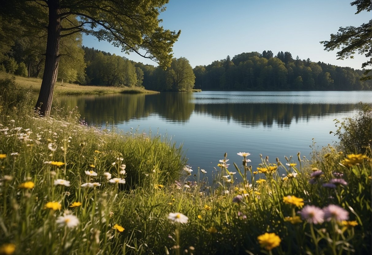 A serene nature scene with a calm lake, gentle ripples, and a clear blue sky. Surrounding the lake are lush green trees and colorful wildflowers, creating a peaceful and tranquil environment for mindfulness activities