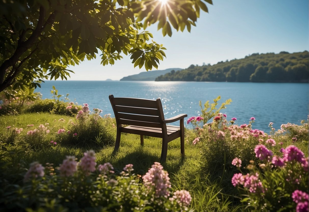 A serene natural setting with a calm body of water, surrounded by lush greenery and colorful flowers, with a clear blue sky and gentle breeze