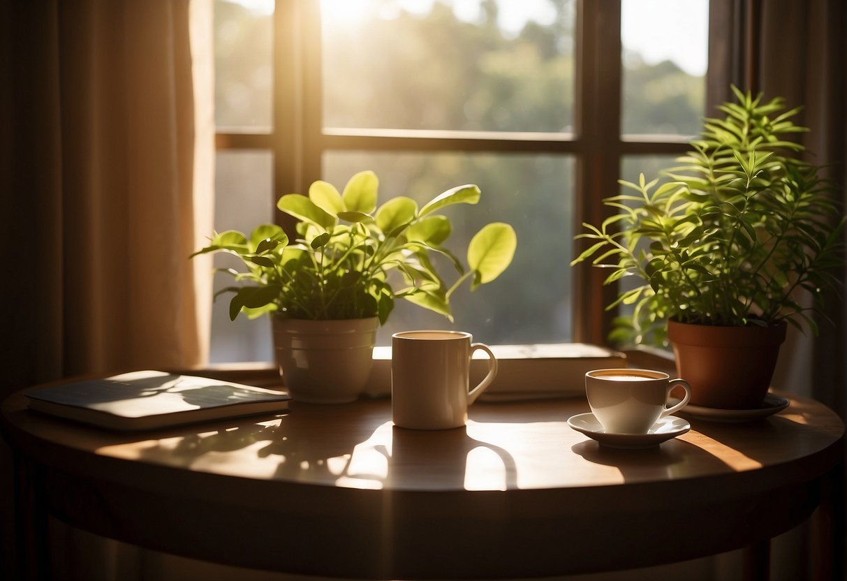 A serene setting with a person's desk, featuring a cup of tea, a journal, and a plant. Sunlight streams in through a window, casting a warm glow on the scene