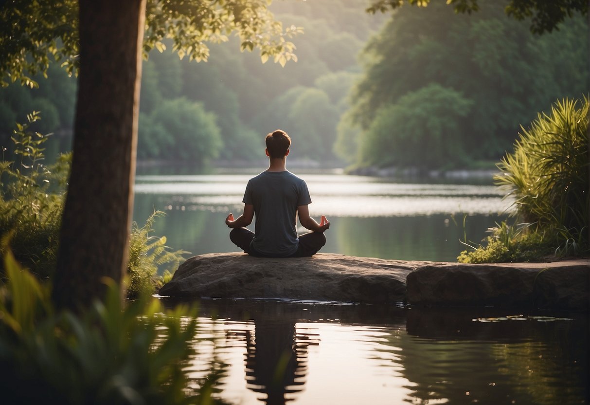 A serene setting with a person meditating in a peaceful environment, surrounded by nature and calming elements like water or soft lighting