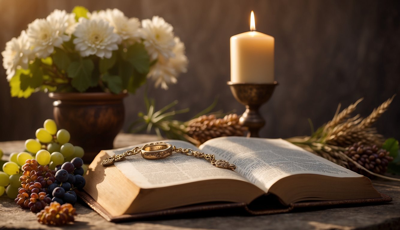 A cross, chalice, and Bible surrounded by seasonal elements like flowers, wheat, and grapes to represent the liturgical year