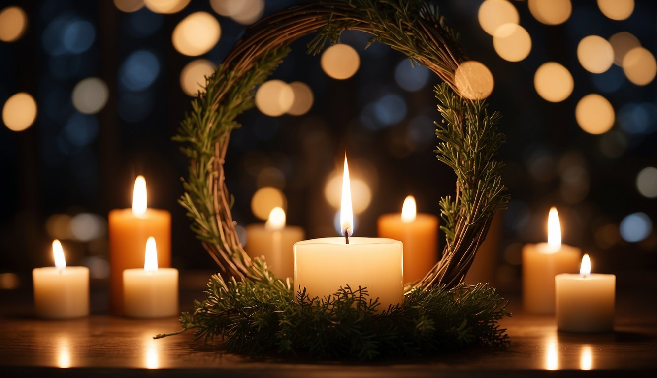 A candle being lit in a wreath, surrounded by Christian symbols like a cross, fish, and alpha and omega symbols