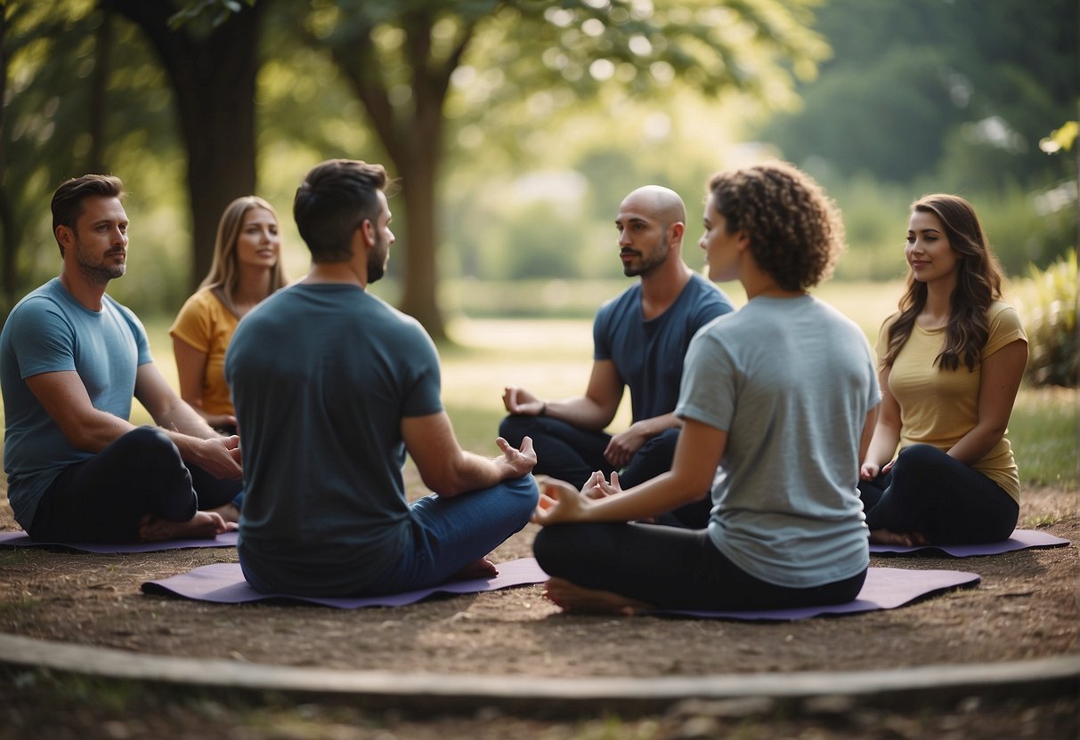 A group of adults sitting in a circle, practicing mindfulness activities such as deep breathing and guided meditation