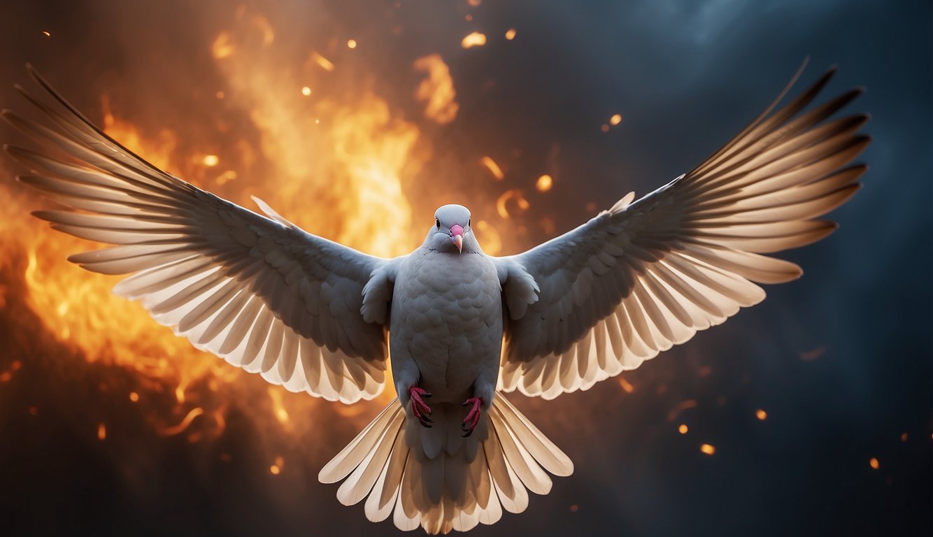 A dove descends from the heavens, surrounded by tongues of fire, symbolizing the Holy Spirit's presence at Pentecost. The scene is filled with vibrant colors and a sense of divine energy