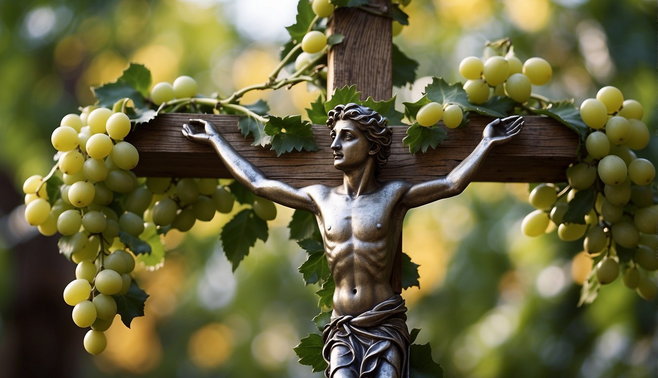 A vine with branches, leaves, and fruit intertwining around a cross, with a dove hovering above, representing growth and unity in faith