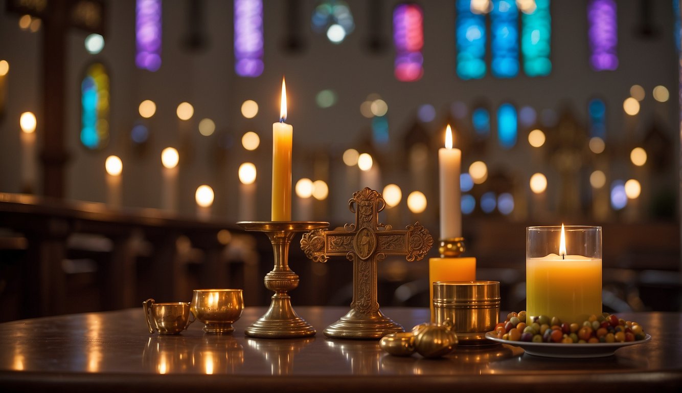 Christian symbols displayed in a church setting, such as a cross, chalice, and candle, surrounded by vibrant colors and decorative elements