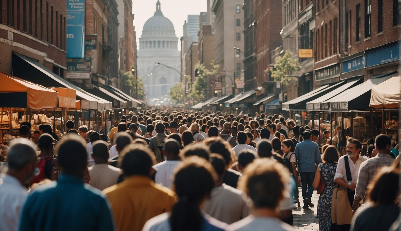 A bustling city street with people of diverse backgrounds receiving aid and support from Christian charity organizations