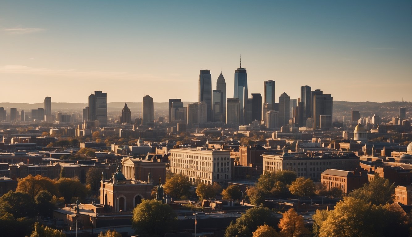 A bustling city skyline with a mix of modern and historical buildings, with Christian charity organizations visible among the community