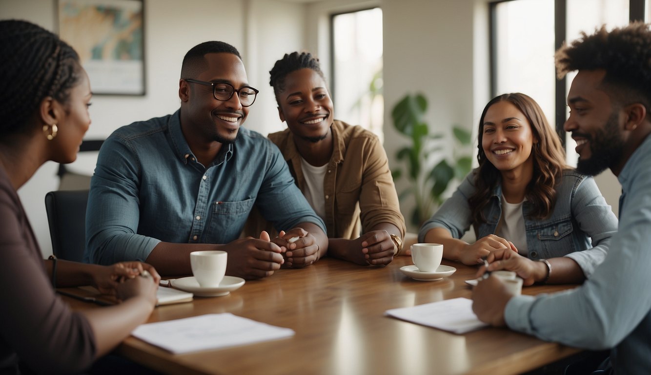 A group of diverse individuals gather around a table, discussing and planning initiatives for advocacy, human rights, and peace in their local and global communities