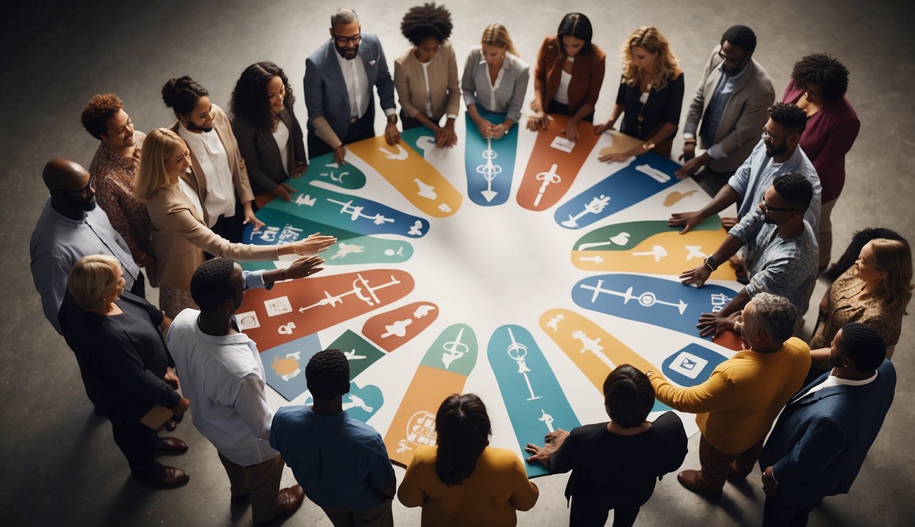 A group of diverse individuals stand in a circle, connecting hands and forming a network. They are surrounded by symbols representing local and global communities, with Christian charities at the center