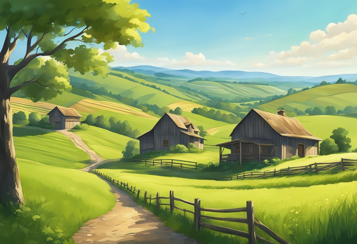 A serene countryside with rolling hills, rustic farmhouses, and lush green fields under a clear blue sky