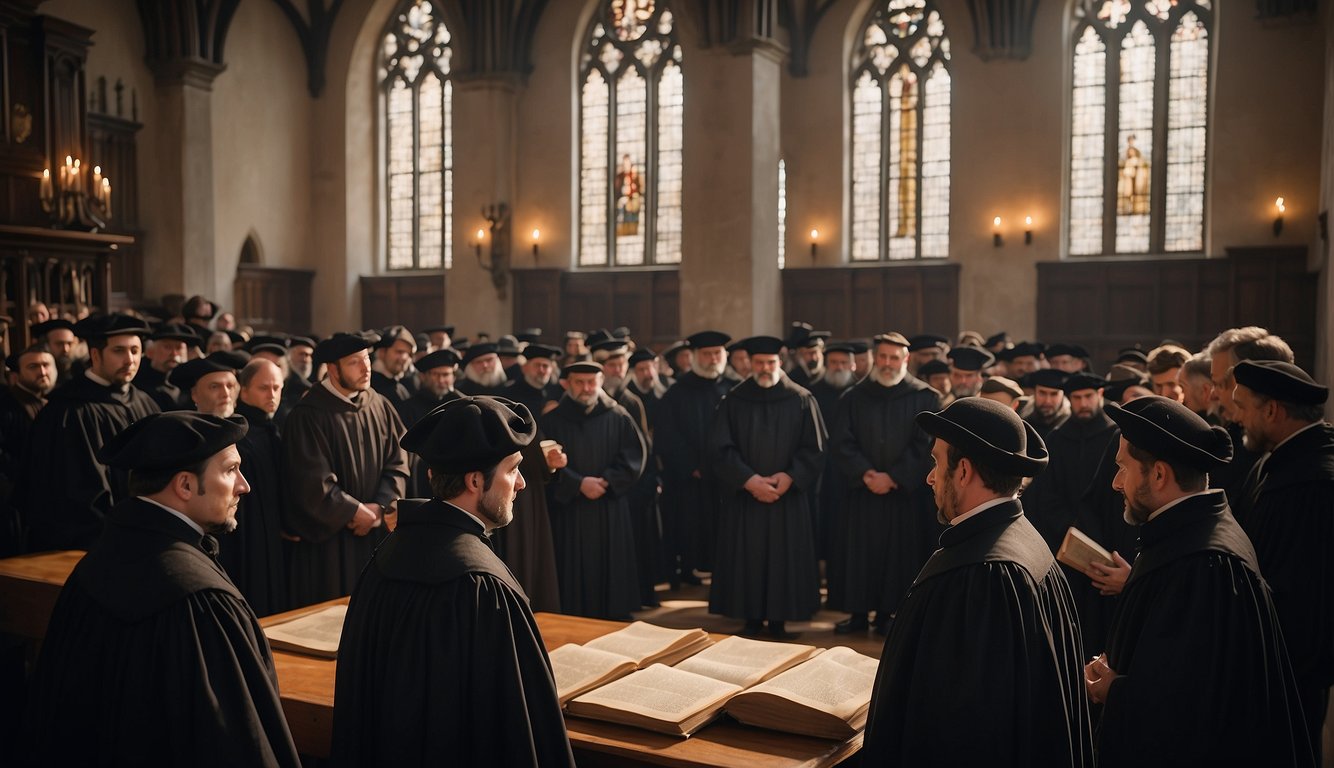 A crowd gathers around Martin Luther's 95 Theses. The church doors are nailed open. Books and parchment litter the ground