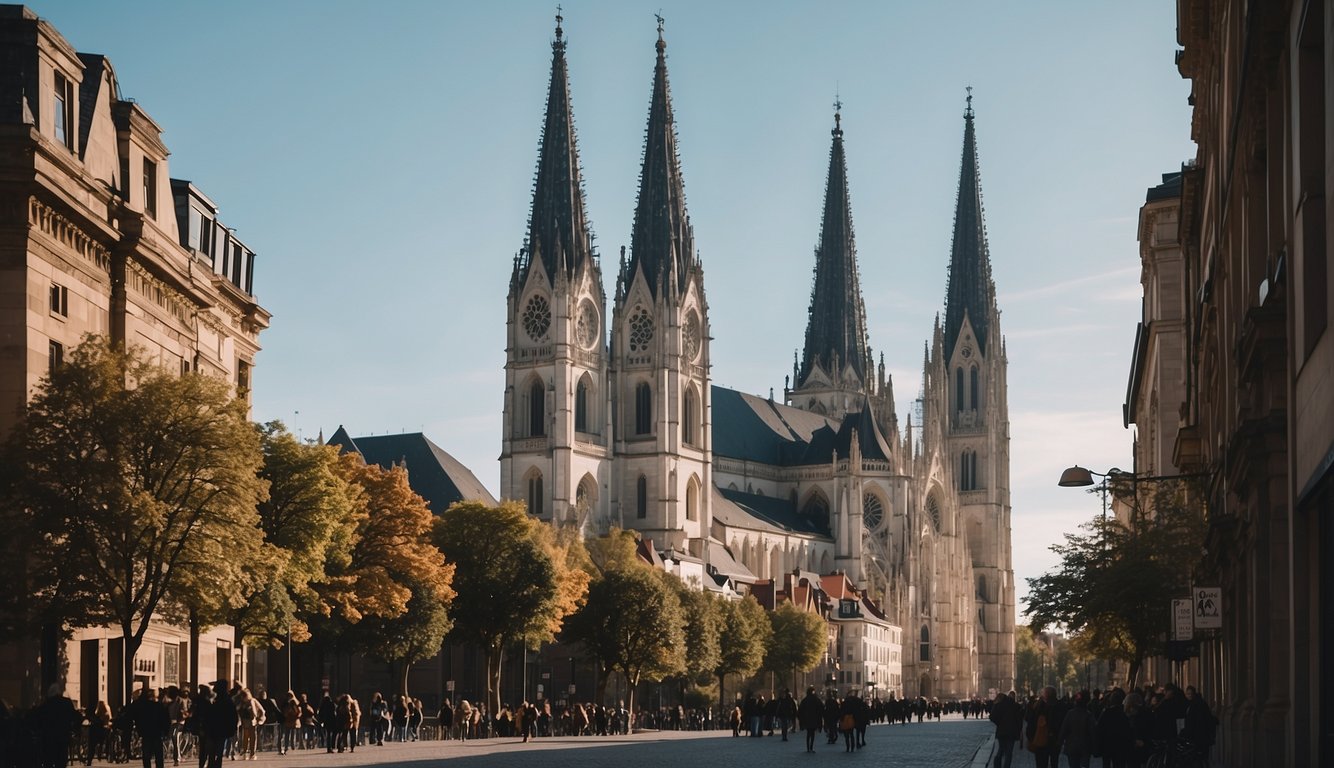 A towering cathedral stands amidst a bustling city, symbolizing the enduring legacy and influence of the Protestant Reformation