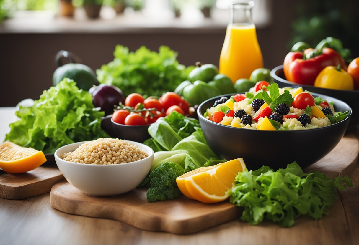 Fun Healthy Meal: A colorful array of fresh fruits and vegetables arranged on a wooden table, with a steaming bowl of quinoa and a vibrant green salad