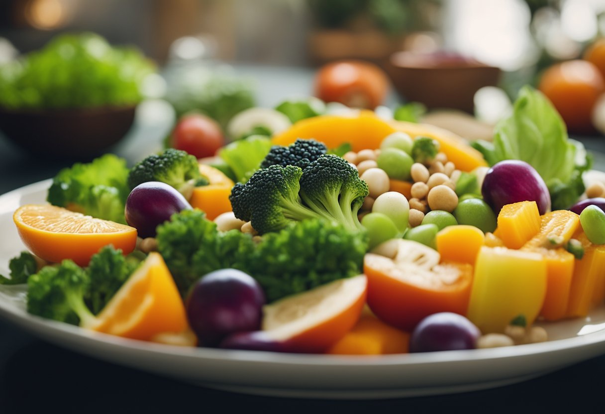 Fun Healthy Meal: Fresh vegetables, vibrant fruits, lean proteins, and whole grains arranged on a colorful plate. A kitchen filled with natural light and a sense of joy