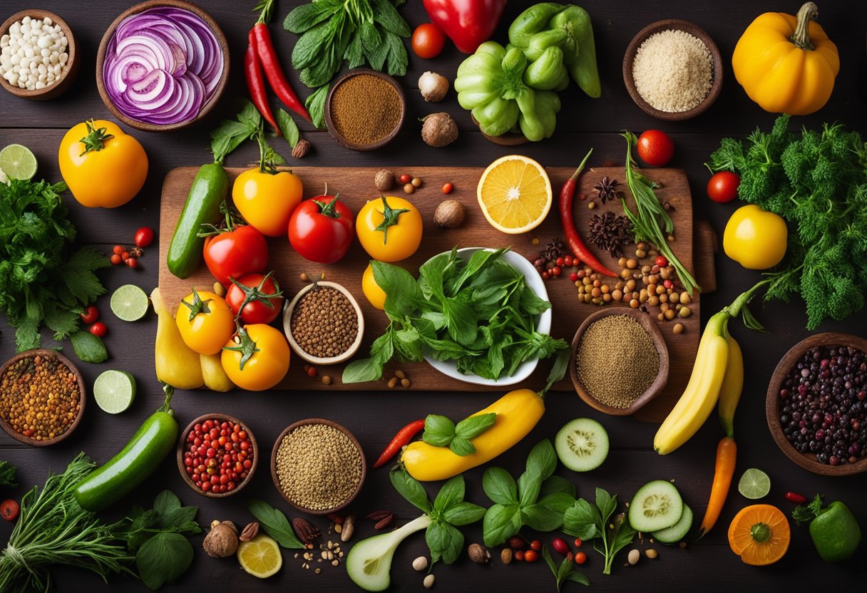 Fun Healthy Meal: Fresh vegetables, vibrant fruits, and aromatic herbs arranged on a wooden cutting board, surrounded by colorful spices and seasonings