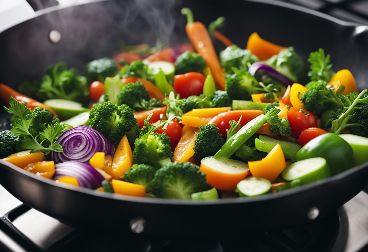 Fun Healthy Meal: Vibrant vegetables sizzle in a non-stick pan over a low flame. A chef sprinkles herbs and spices, adding flavor to the colorful dish