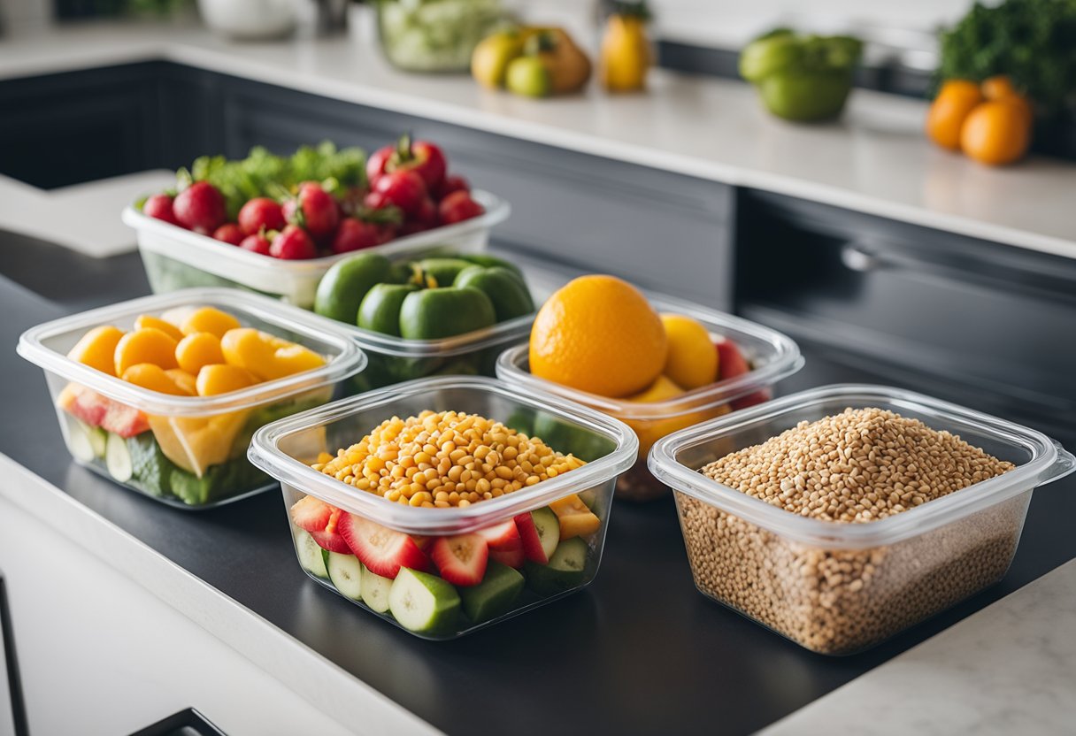 Fun Healthy Meal: Fresh ingredients arranged on a clean kitchen counter, with colorful fruits, vegetables, and grains. Meal prep containers filled with portioned, nutritious meals ready for the week