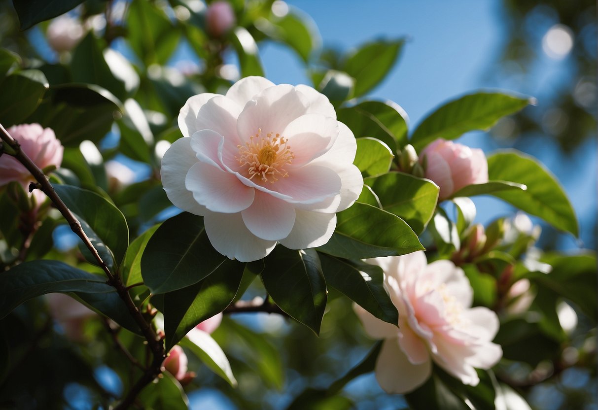 A vibrant camellia tree blooms with pink and white flowers, surrounded by lush green leaves and a clear blue sky in the background