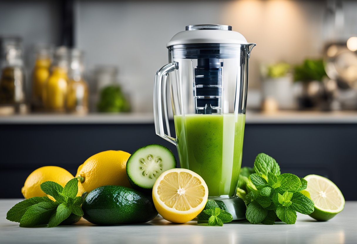 How to make fat burning drink: A blender whirring with ingredients: lemon, ginger, cucumber, mint, and water, as a glass sits nearby